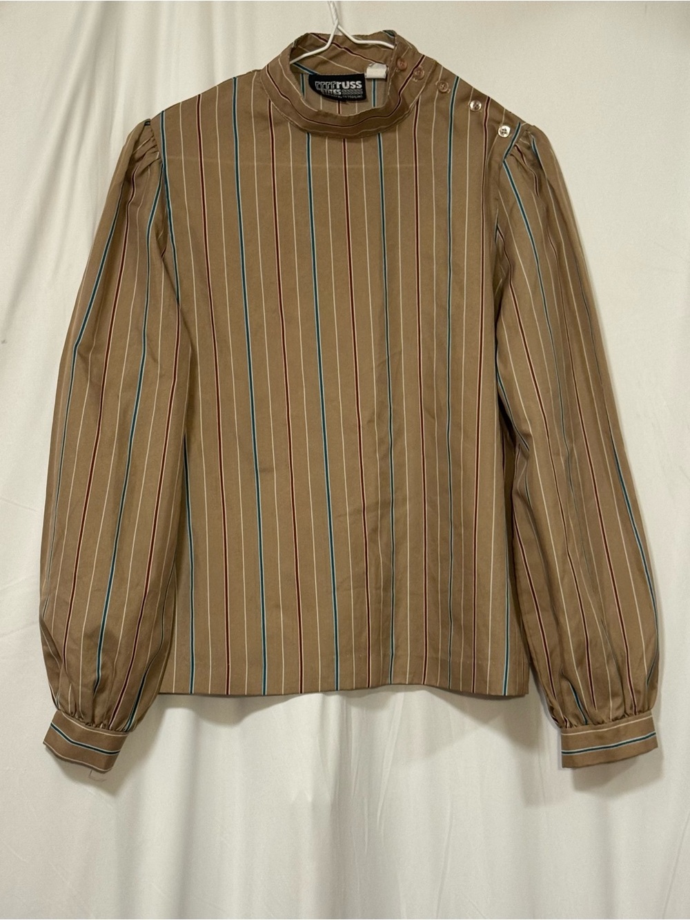 Vintage Russ Toggs brown and teal striped long sleeve blouse button detail